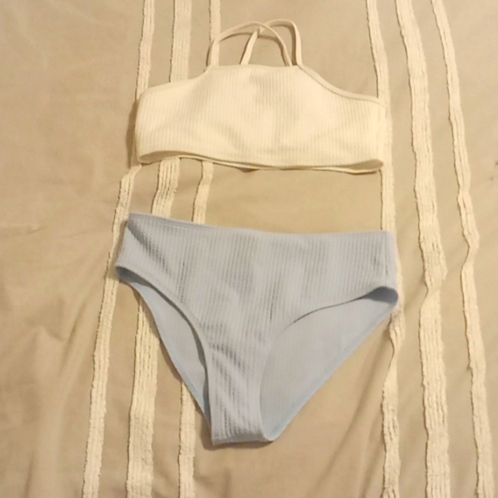 SHEIN bikini 👙,  white and blue, women's small, high waisted, just out grew:)